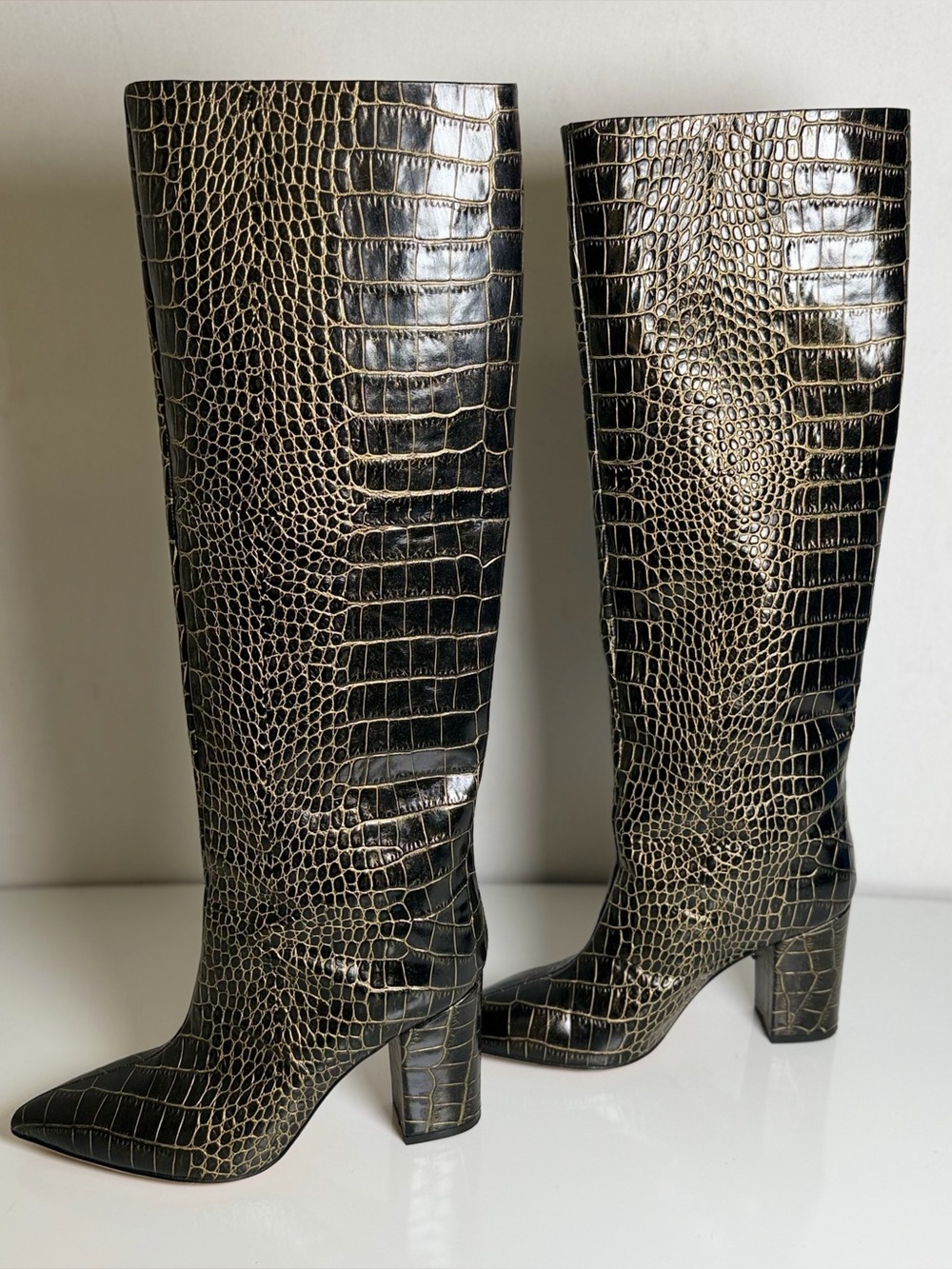 Paris Texas Anja Croc Embossed Leather Knee High Boot Black Gold EU 39 Made Ital